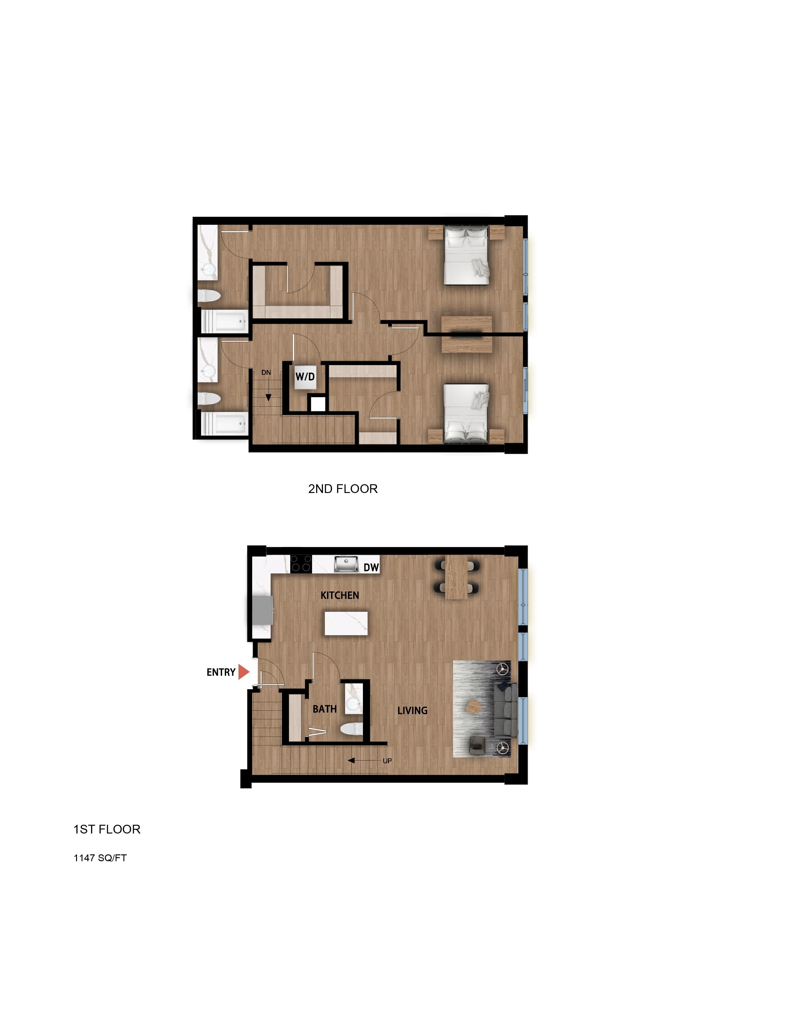 #100 - 2 bedroom floorplan layout with 2 bathrooms and 1147 square feet