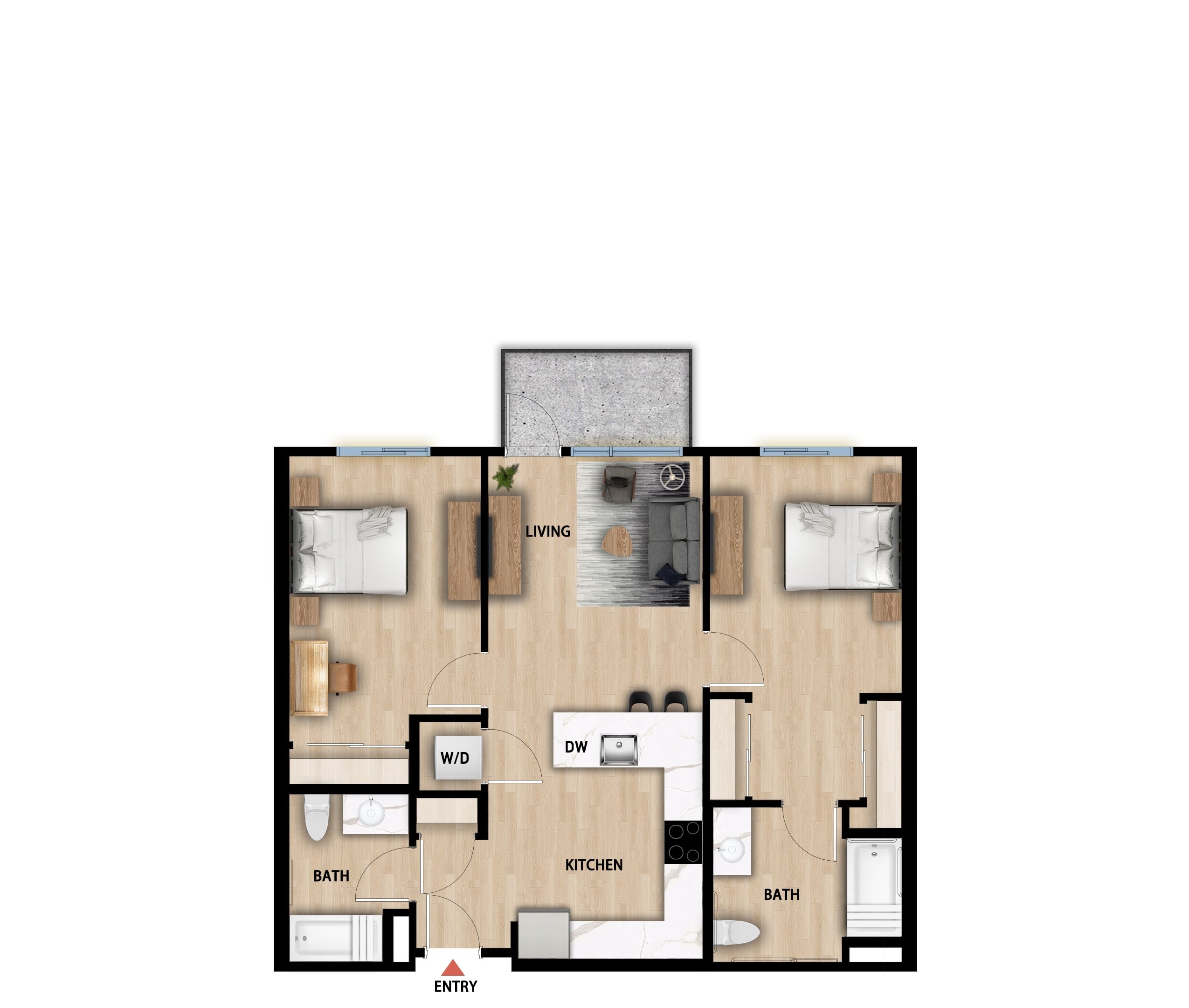 #430 - 2 bedroom floorplan layout with 2 bathrooms and 934 square feet