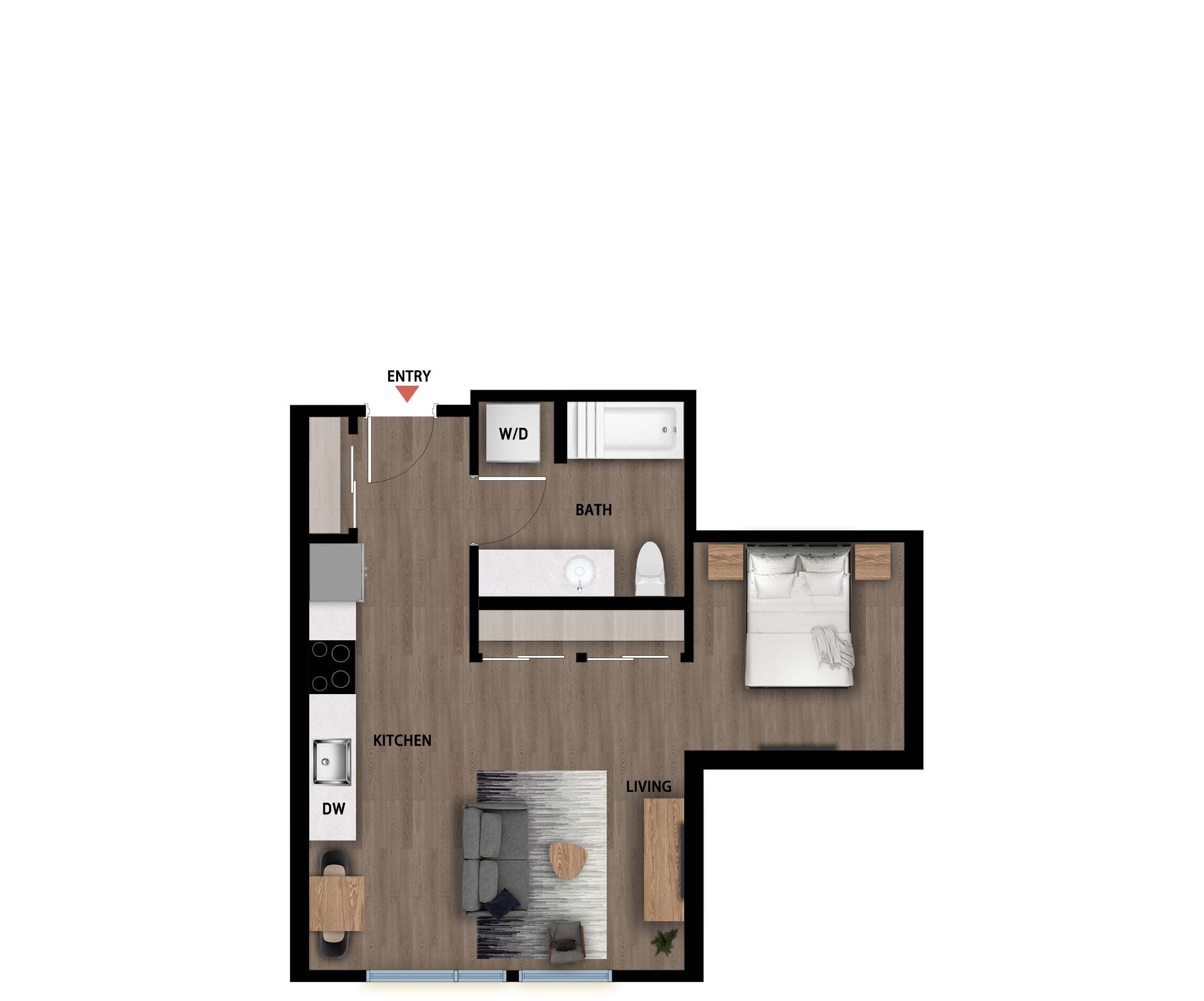 #539 - Studio floorplan layout with 1 bathroom and 513 square feet