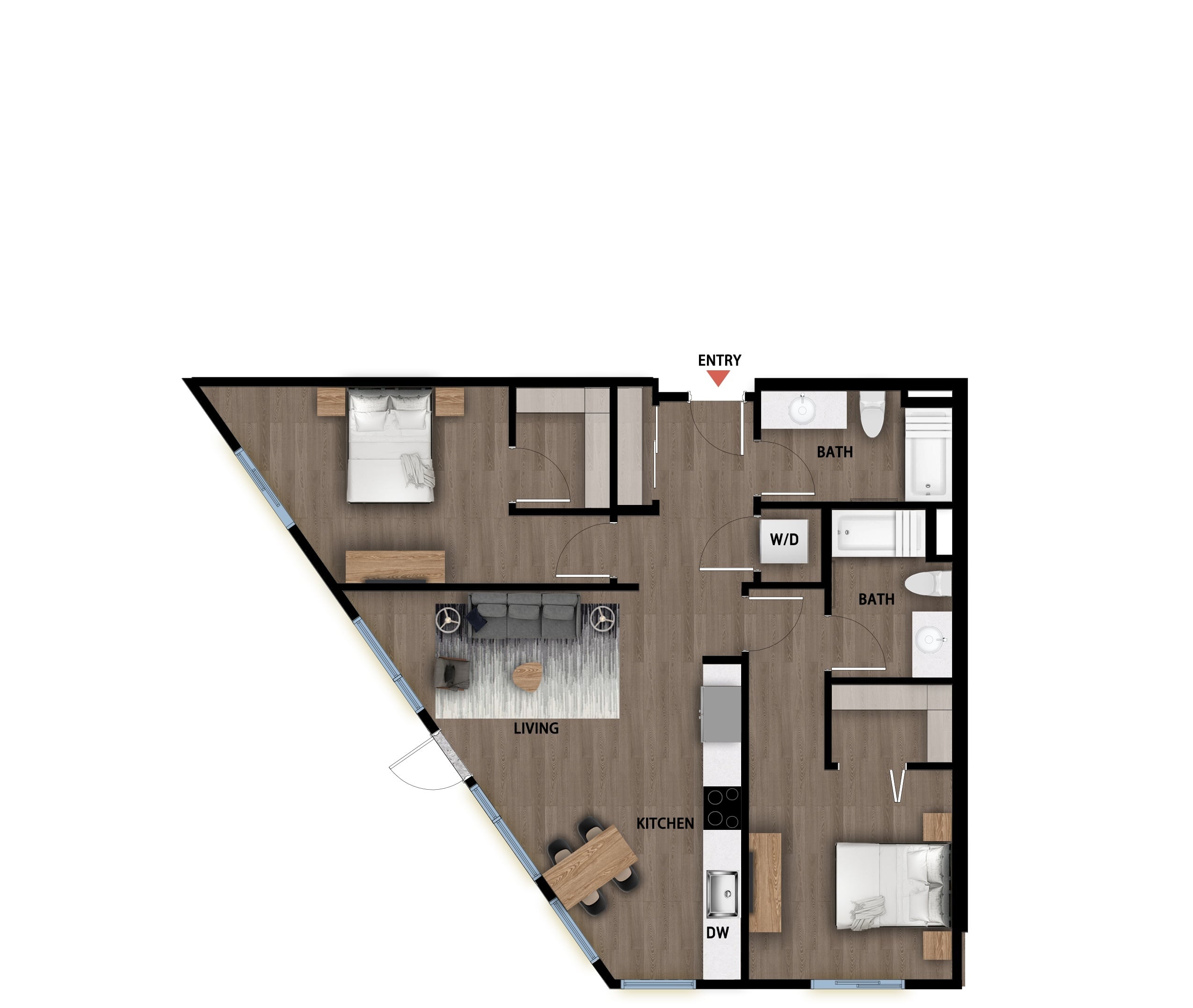 #349 - 2 bedroom floorplan layout with 2 bathrooms and 972 square feet