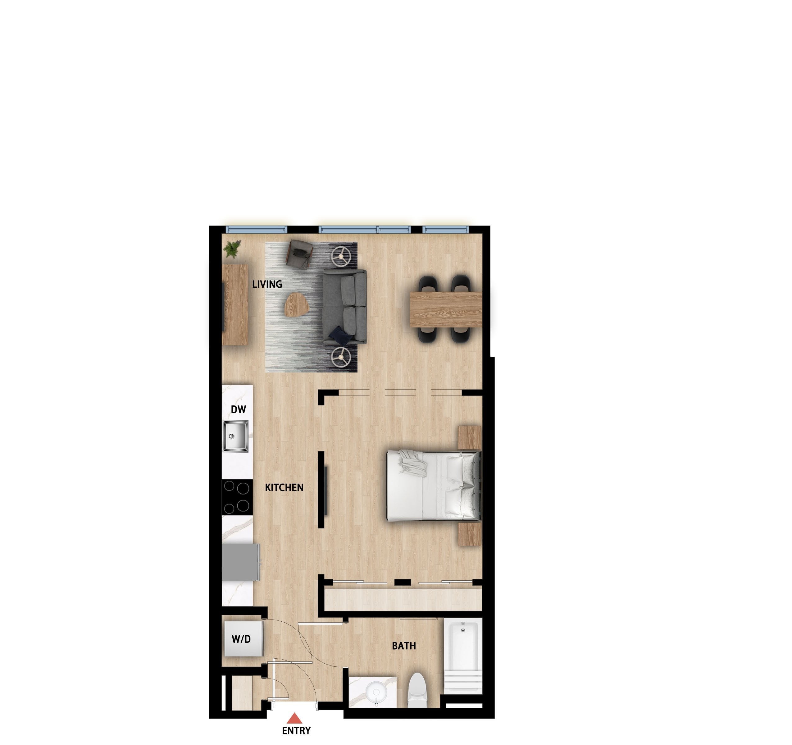 #408 - Studio floorplan layout with 1 bathroom and 565 square feet