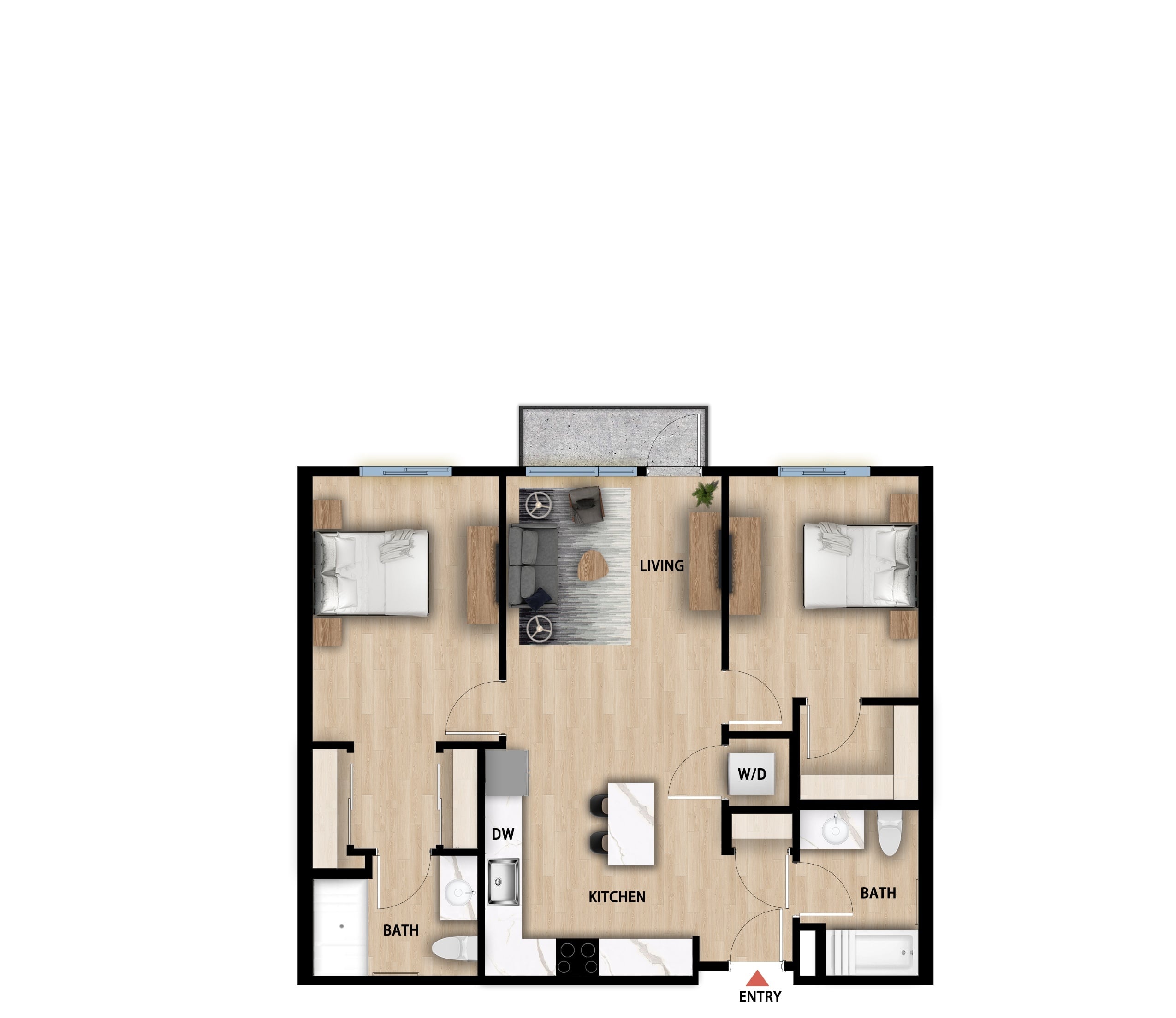 #462 - 2 bedroom floorplan layout with 2 bathrooms and 973 square feet