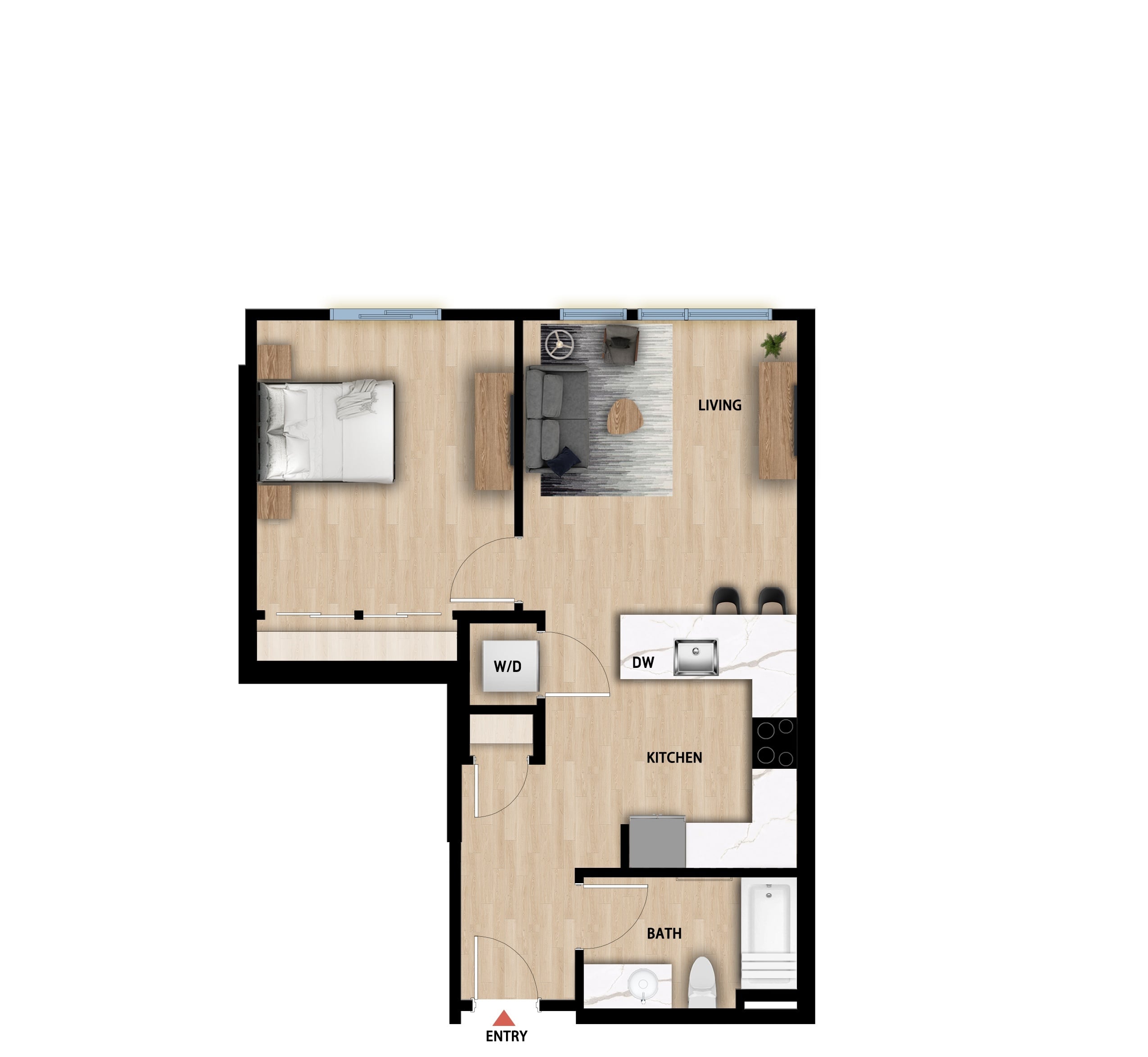 #624 - 1 bedroom floorplan layout with 1 bathroom and 653 square feet