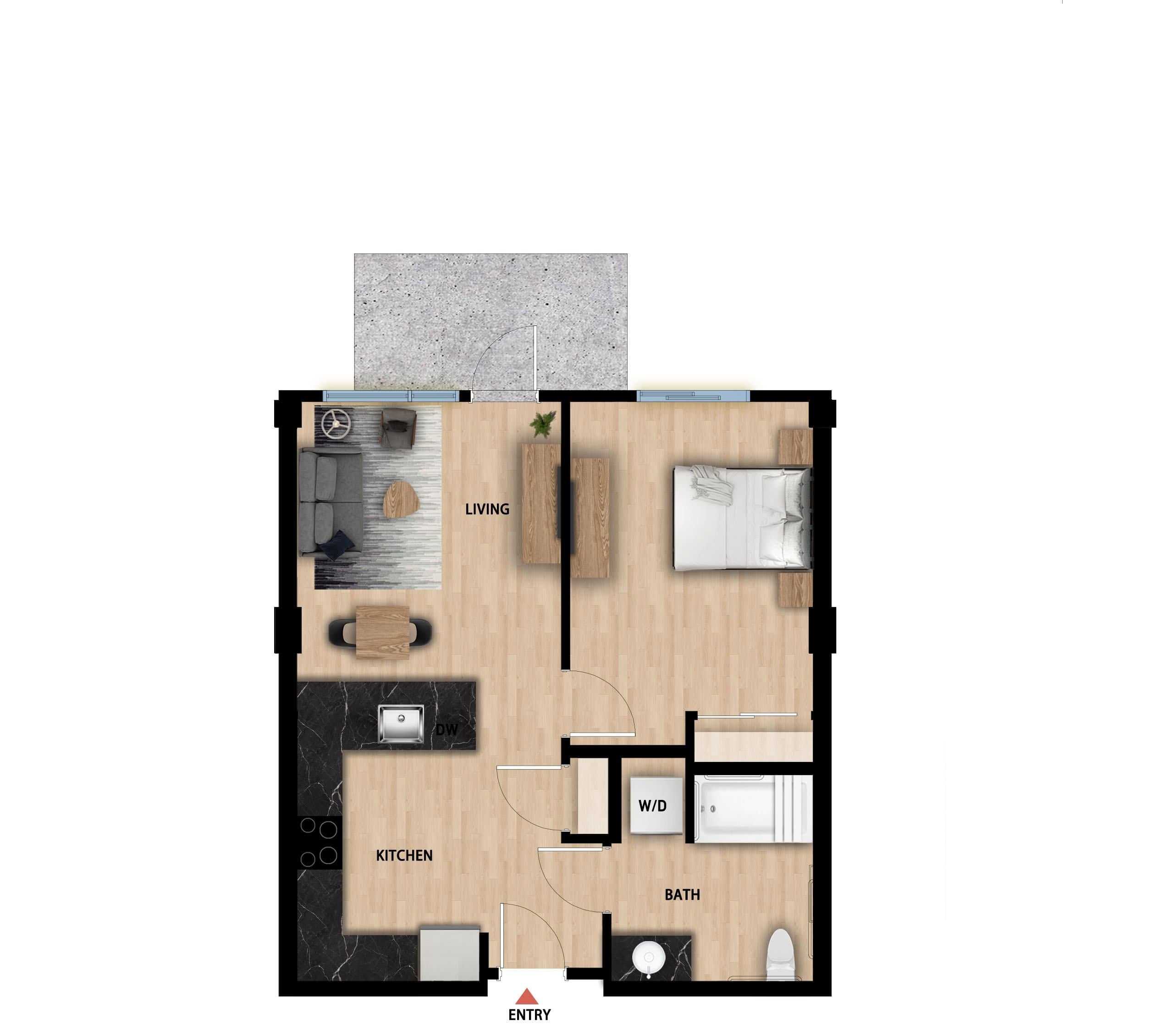 #203 - 1 bedroom floorplan layout with 1 bathroom and 622 square feet