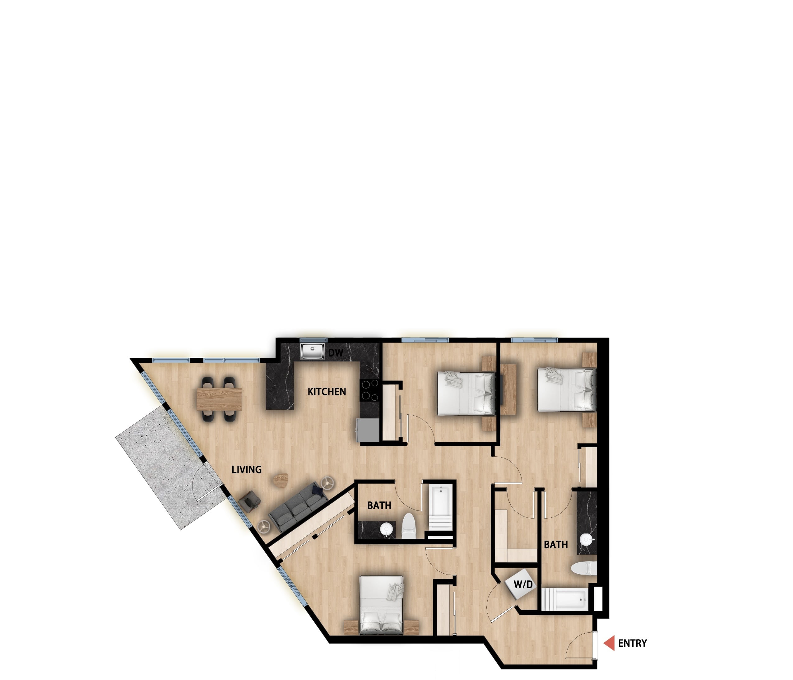 #207 - 3 bedroom floorplan layout with 2 bathrooms and 1301 square feet