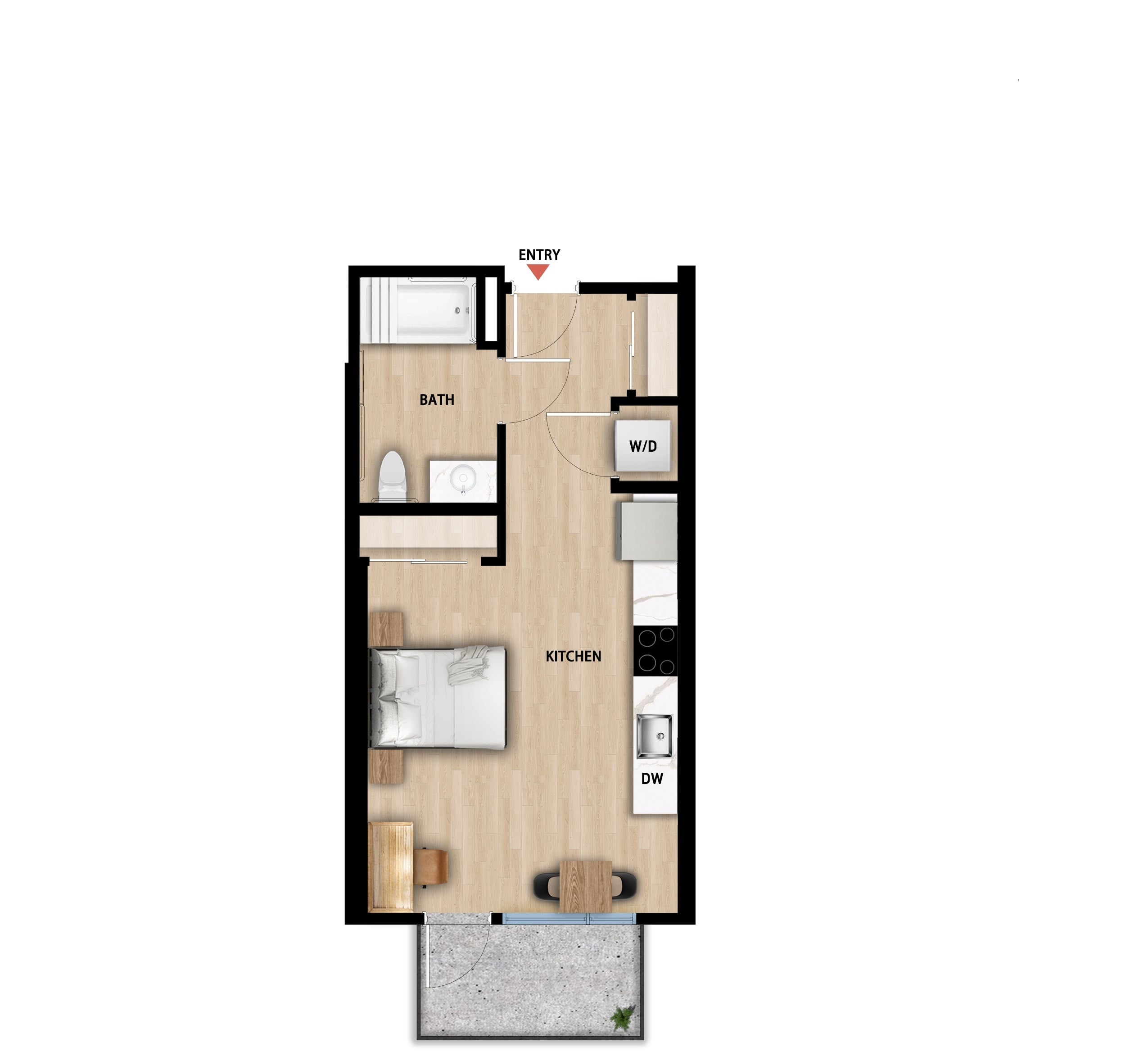 #447 - Studio floorplan layout with 1 bathroom and 442 square feet