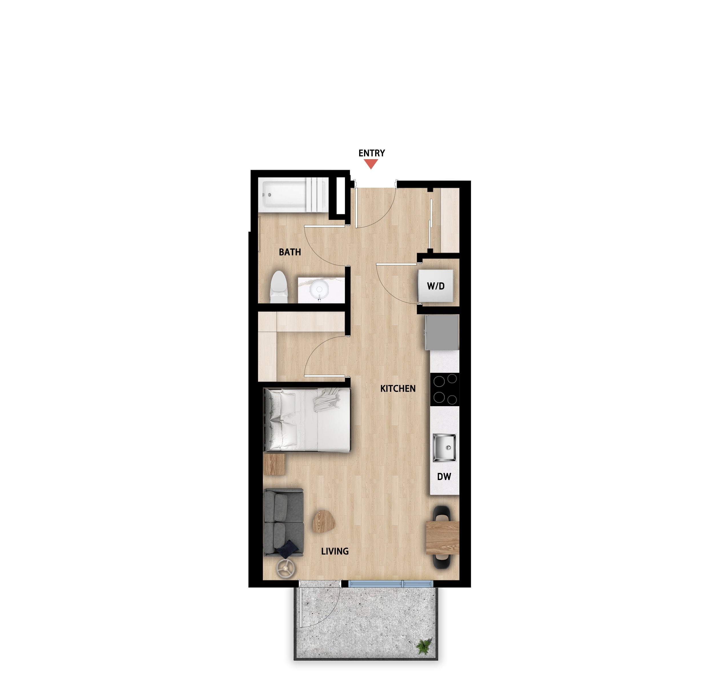 #647 - Studio floorplan layout with 1 bathroom and 442 square feet