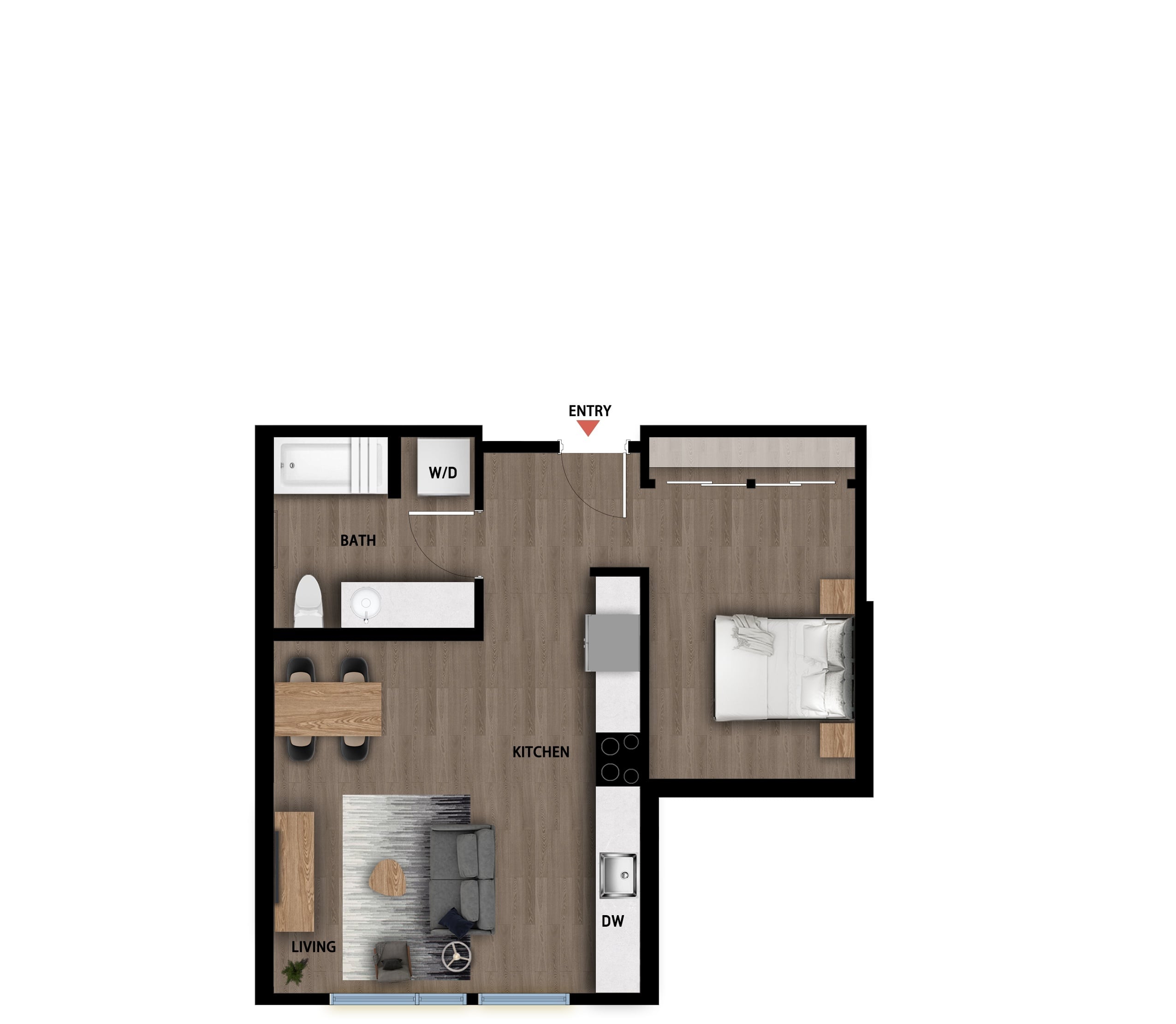 #723 - Studio floorplan layout with 1 bathroom and 569 square feet