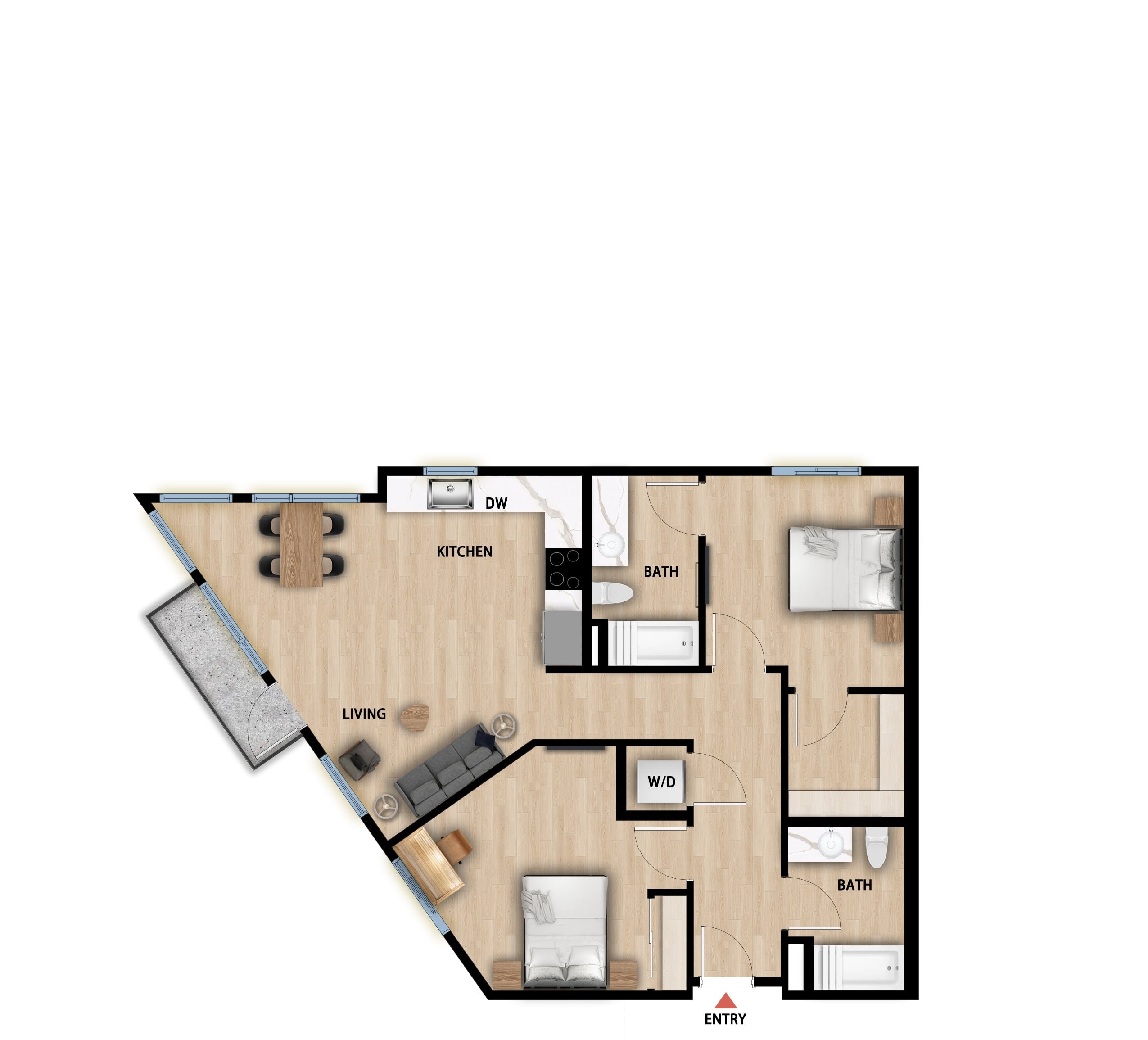 #600 - 2 bedroom floorplan layout with 2 bathrooms and 970 square feet