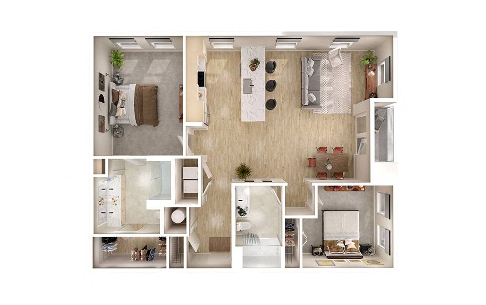 Rendering of the B6 floor plan with 2 bedroom[s] and 2 bathroom[s] at Windsor South Congress