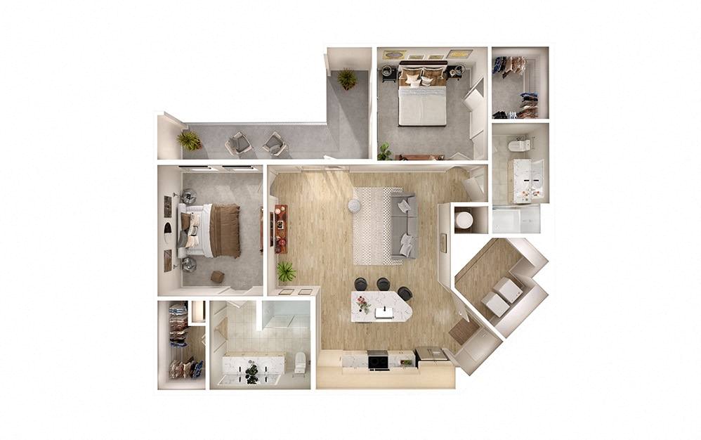 Rendering of the B4 floor plan with 2 bedroom[s] and 2 bathroom[s] at Windsor South Congress