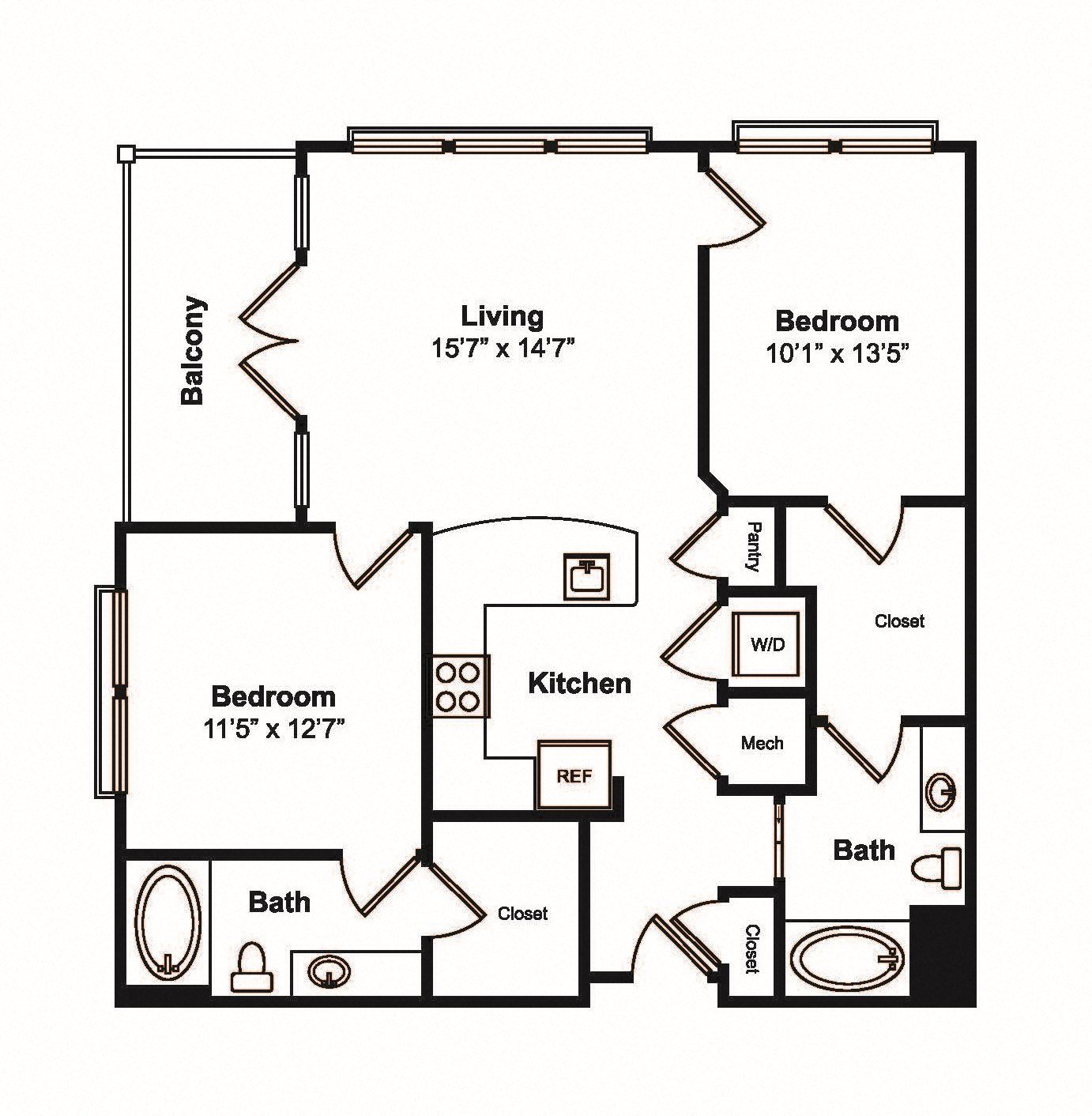 Rendering of the B2 floor plan with 2 bedroom[s] and 2 bathroom[s] at 565 Hank by Windsor