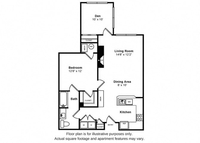 Rendering of the Baldwin floor plan with 1 bedroom[s] and 1 bathroom[s] at Windsor at Liberty House