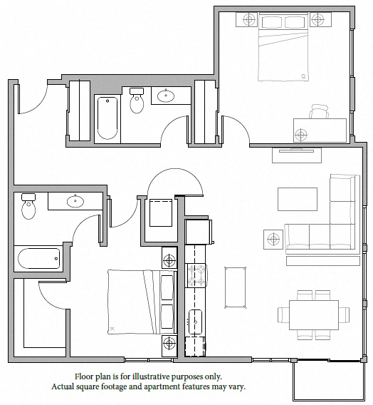 Rendering of the B5 2Bed-2 North floor plan with 2 bedroom[s] and 2 bathroom[s] at The Whittaker