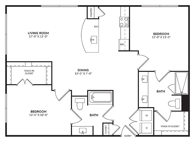 Rendering of the B2 floor plan with 2 bedroom[s] and 2 bathroom[s] at Windsor Metro West