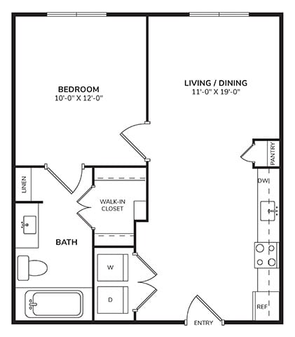 Rendering of the A1 floor plan with 1 bedroom[s] and 1 bathroom[s] at Windsor Metro West