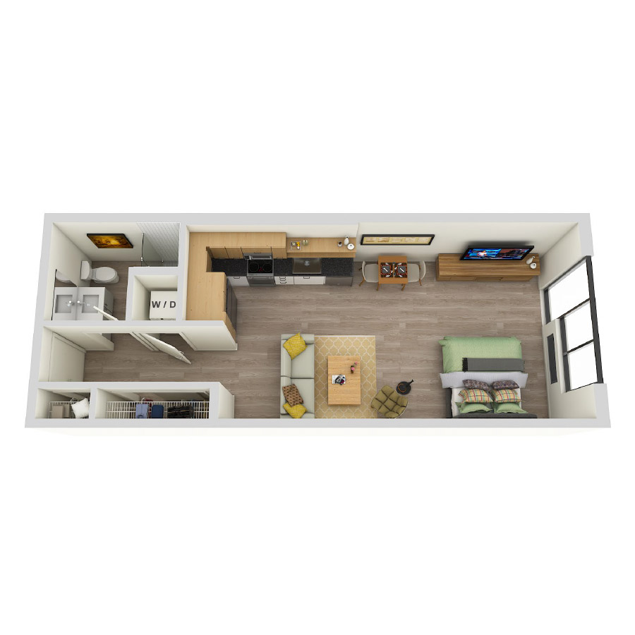 #COR1601 - Studio floorplan layout with 1 bathroom and 553 square feet