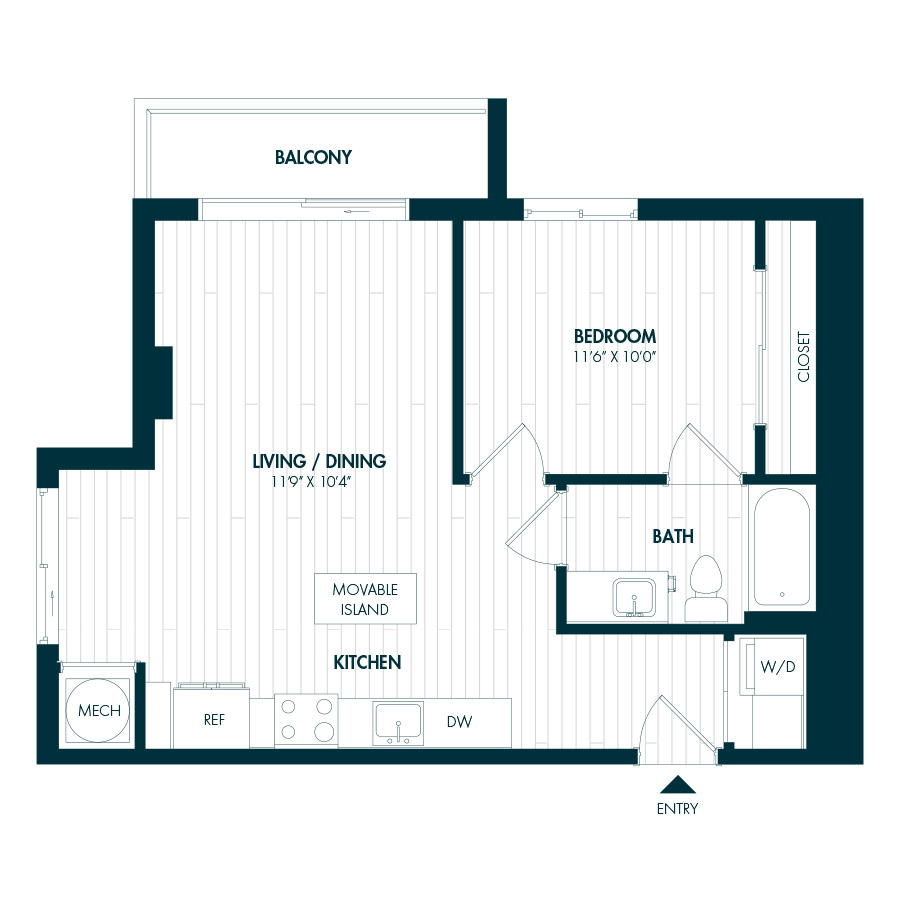 #COR1511 - 1 bedroom floorplan layout with 1 bathroom and 658 square feet