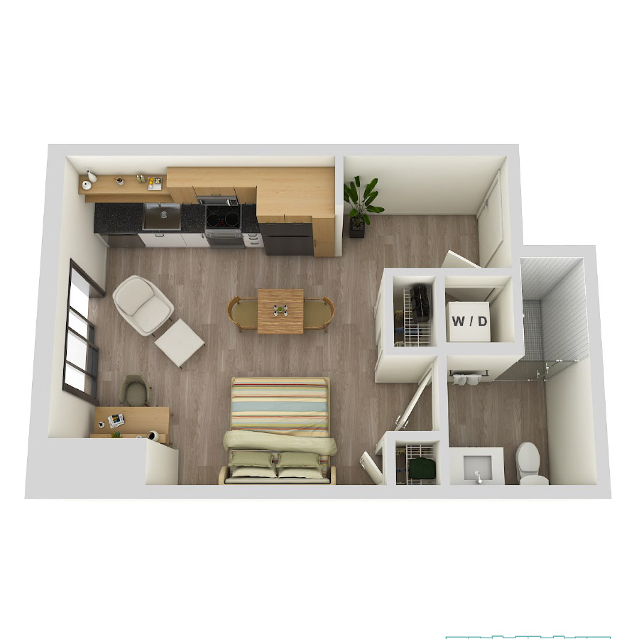 #COR1510 - Studio floorplan layout with 1 bathroom and 408 square feet