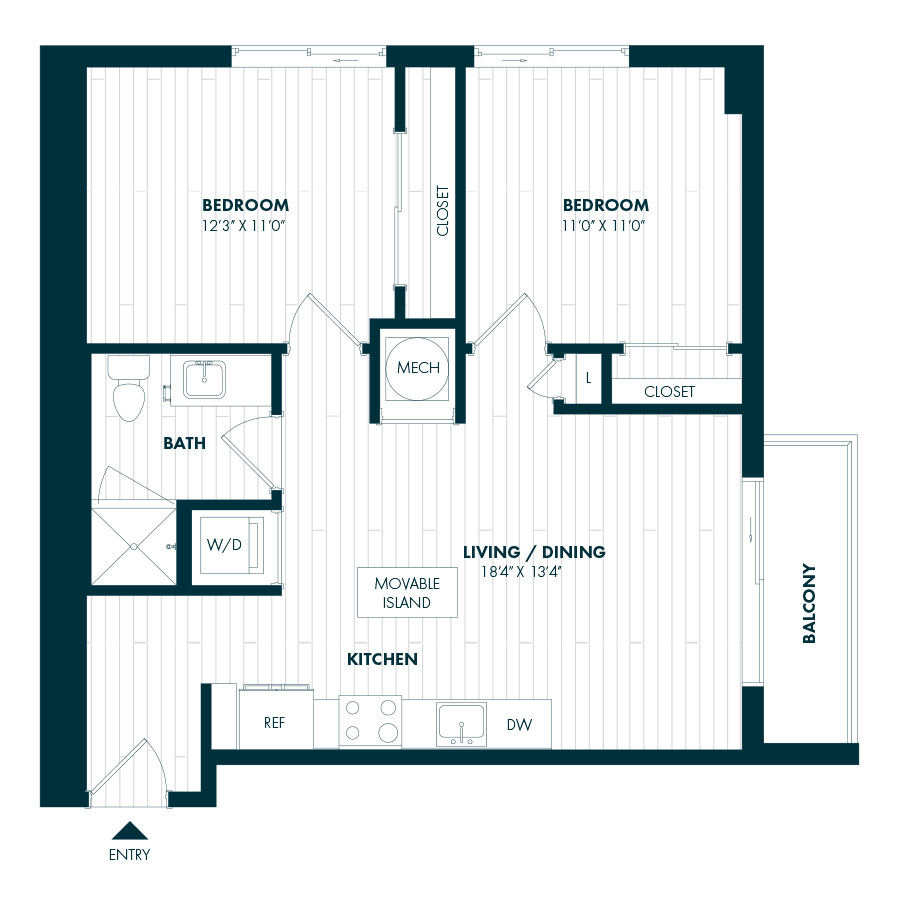 #COR1809 - 2 bedroom floorplan layout with 1 bathroom and 797 square feet
