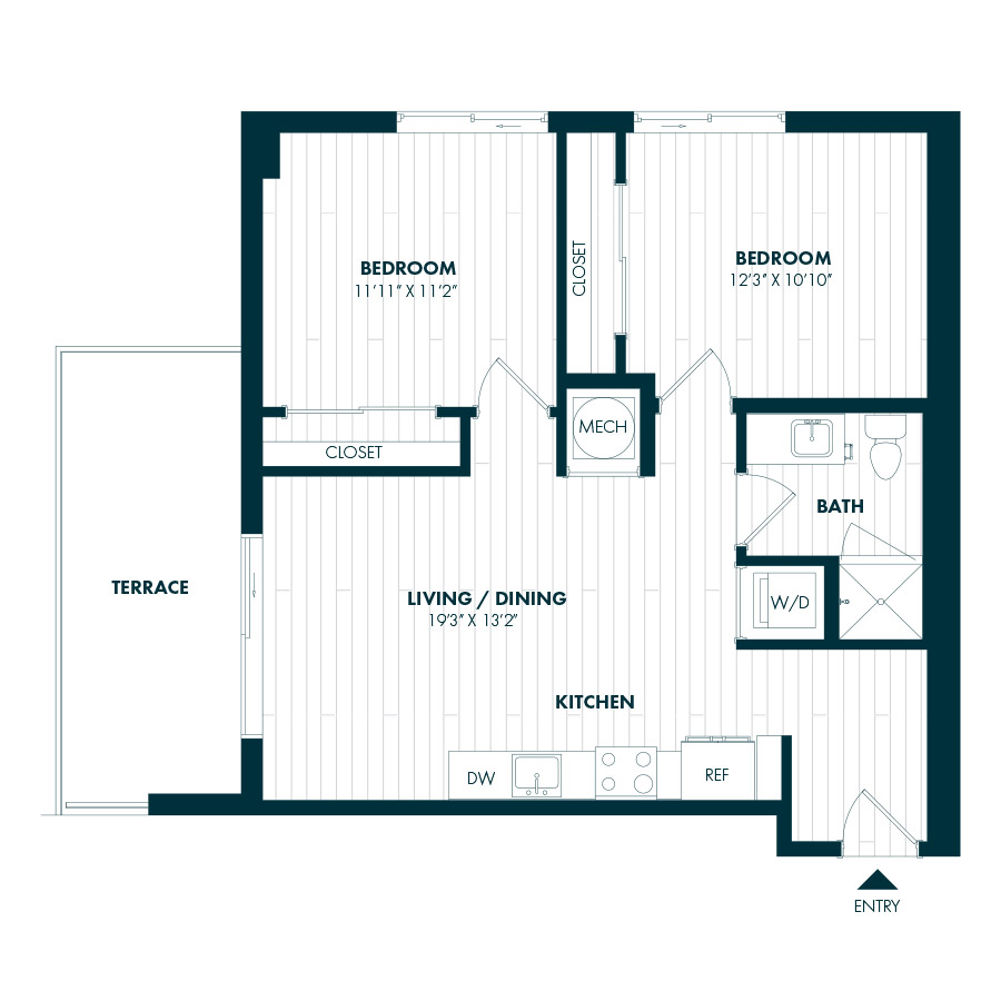 #COR1419 - 2 bedroom floorplan layout with 1 bathroom and 821 square feet