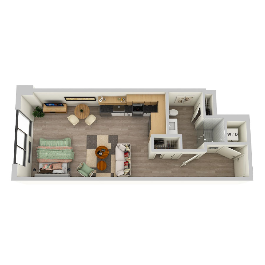 #COR1606 - Studio floorplan layout with 1 bathroom and 527 square feet