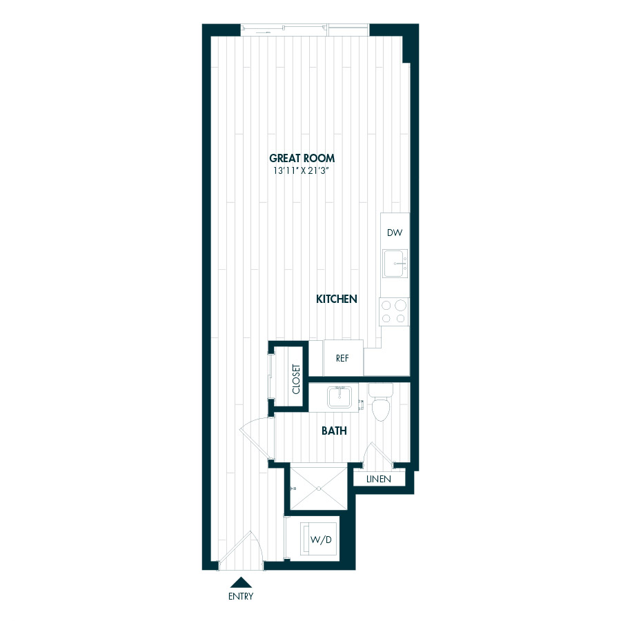 #COR1606 - Studio floorplan layout with 1 bathroom and 527 square feet