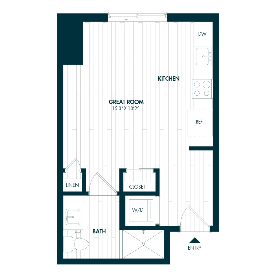 #COR1510 - Studio floorplan layout with 1 bathroom and 408 square feet