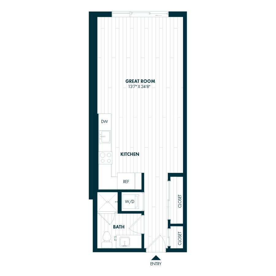 #COR1601 - Studio floorplan layout with 1 bathroom and 553 square feet
