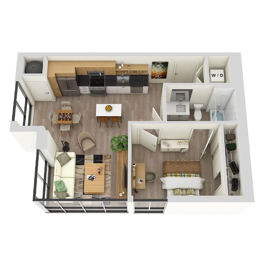 #COR1617 - 1 bedroom floorplan layout with 1 bathroom and 676 square feet