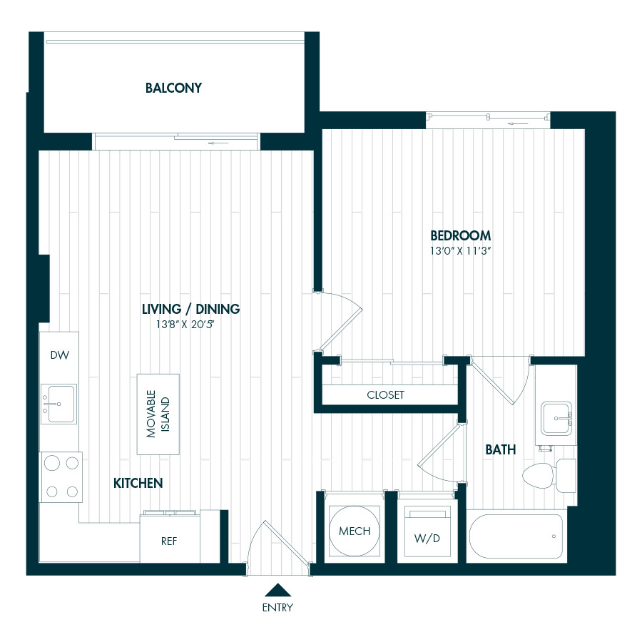 #COR0816 - 1 bedroom floorplan layout with 1 bathroom and 629 square feet