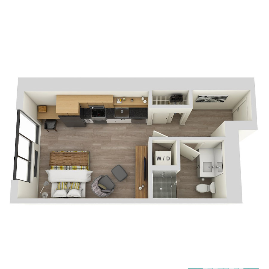 #COR1608 - Studio floorplan layout with 1 bathroom and 421 square feet