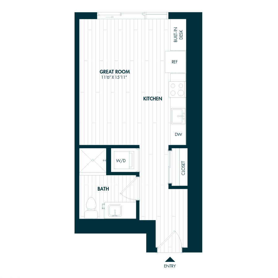 #COR1708 - Studio floorplan layout with 1 bathroom and 421 square feet