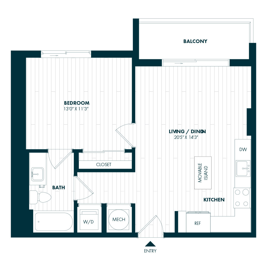#COR1512 - 1 bedroom floorplan layout with 1 bathroom and 646 square feet