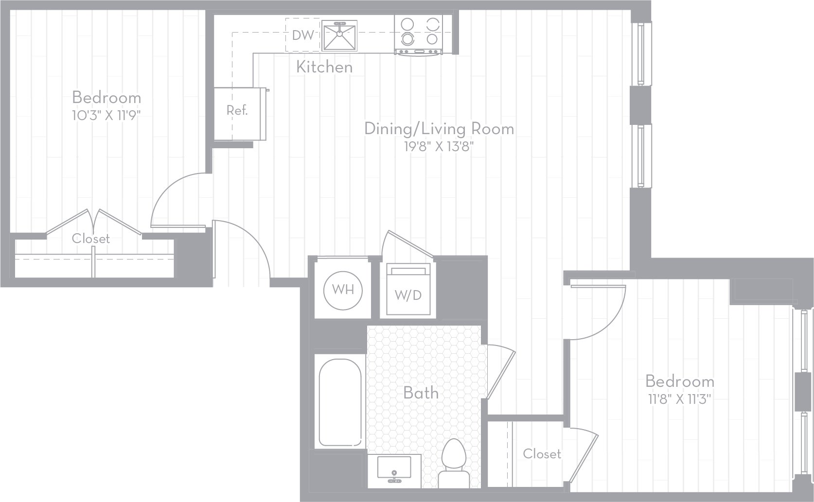 2 Bed/1 Bath JR-BM02 floor plan