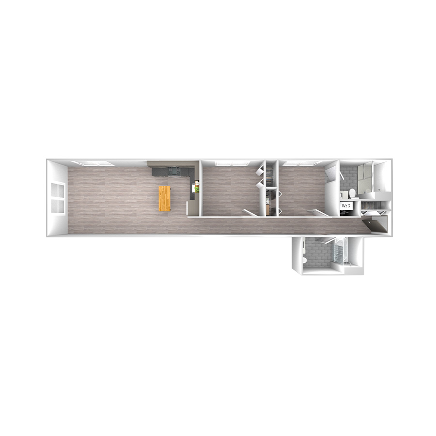 Rendering of the Tier 01 floor plan with 2 bedroom[s] and 2 bathroom[s] at wrigleyvillelofts