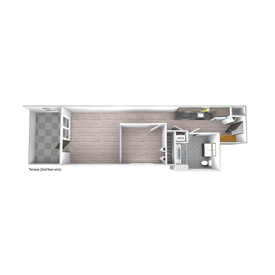 Rendering of the Tier 17 floor plan with 1 bedroom[s] and 1 bathroom[s] at wrigleyvillelofts