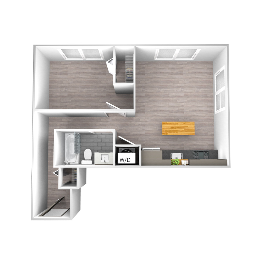 Rendering of the Tier 19 floor plan with 1 bedroom[s] and 1 bathroom[s] at wrigleyvillelofts