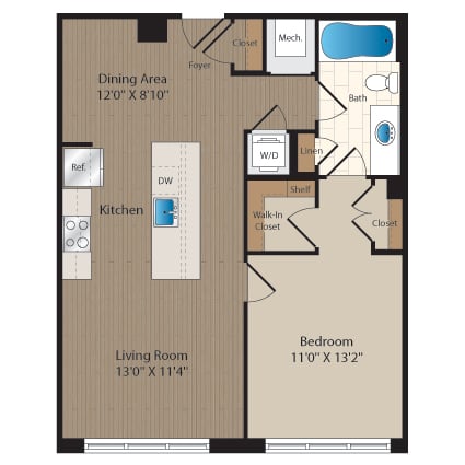 1 Bed-1 Bath-A1 floor plan