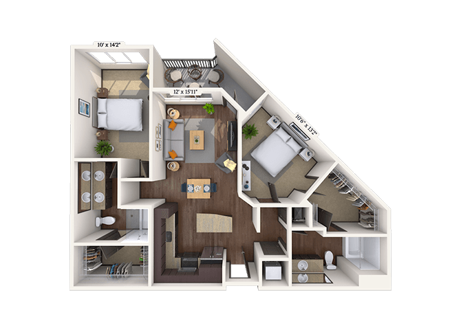Traditional 2x2 997-1148 SF floor plan
