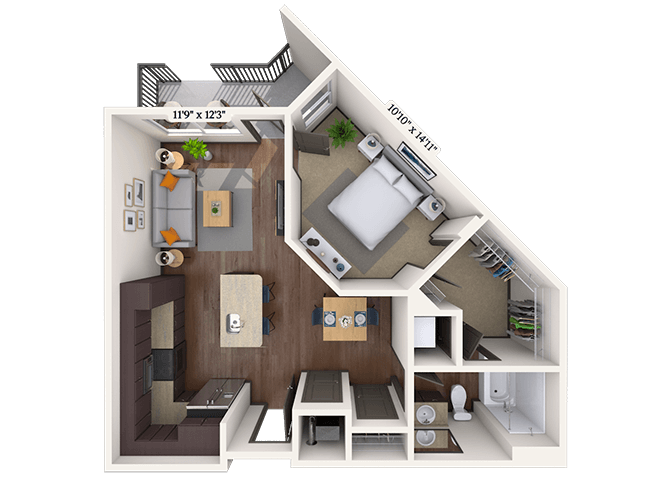 Traditional 1x1 701 SF floor plan