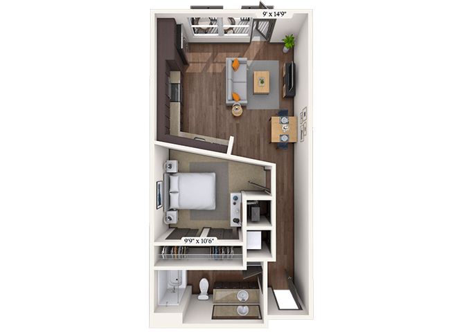 Traditional 1x1 601-637 SF floor plan