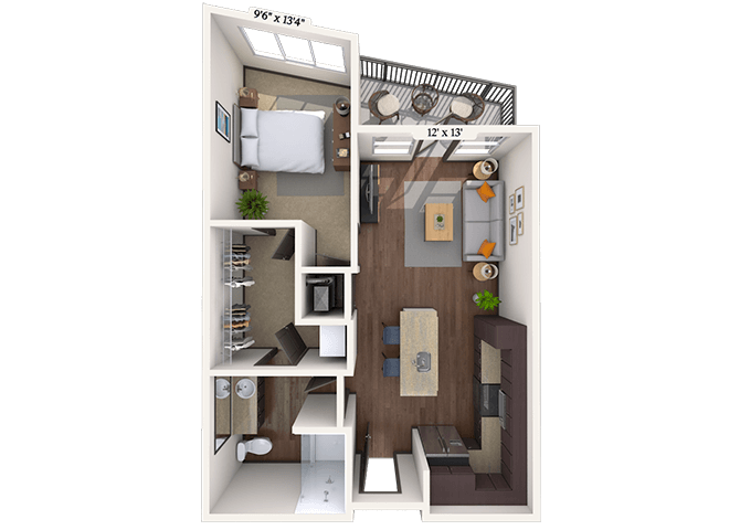 Traditional 1x1 667-818 SF floor plan
