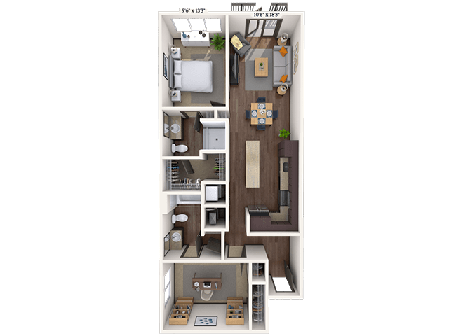 Traditional 2x2 966 SF floor plan