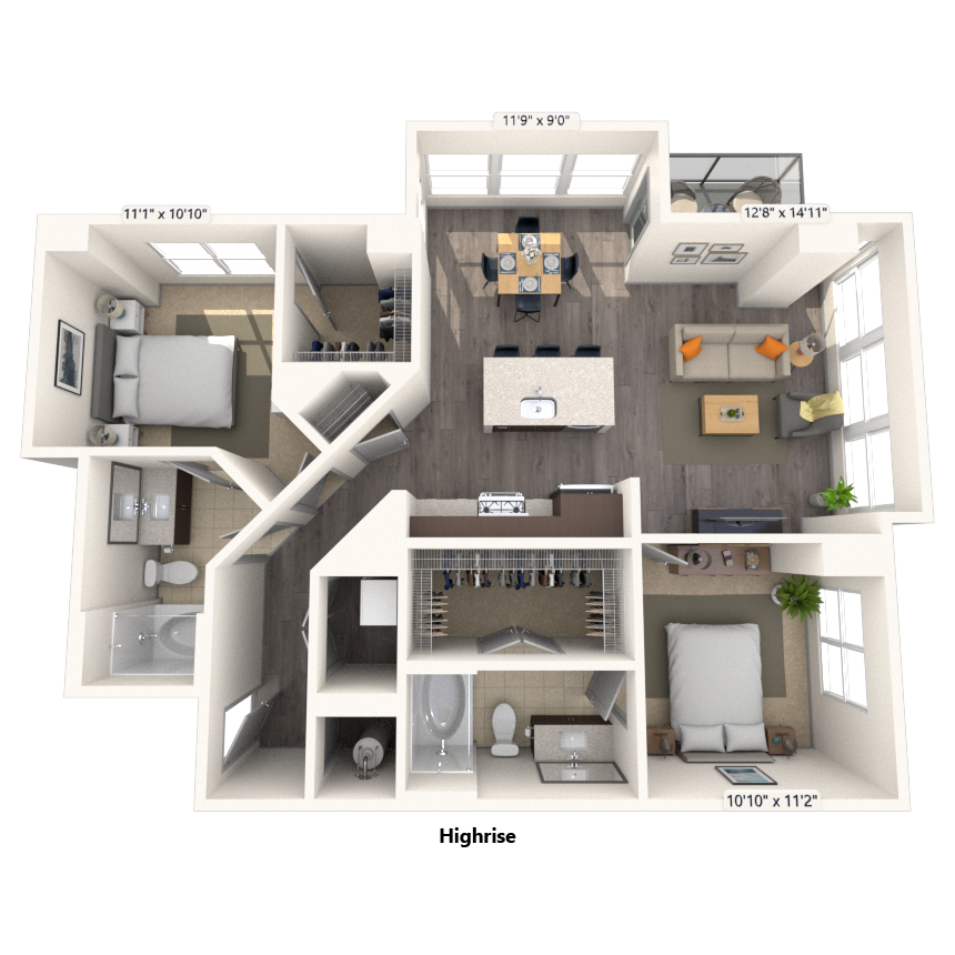 High Rise Traditional 2x2 1035-1149 SF floor plan