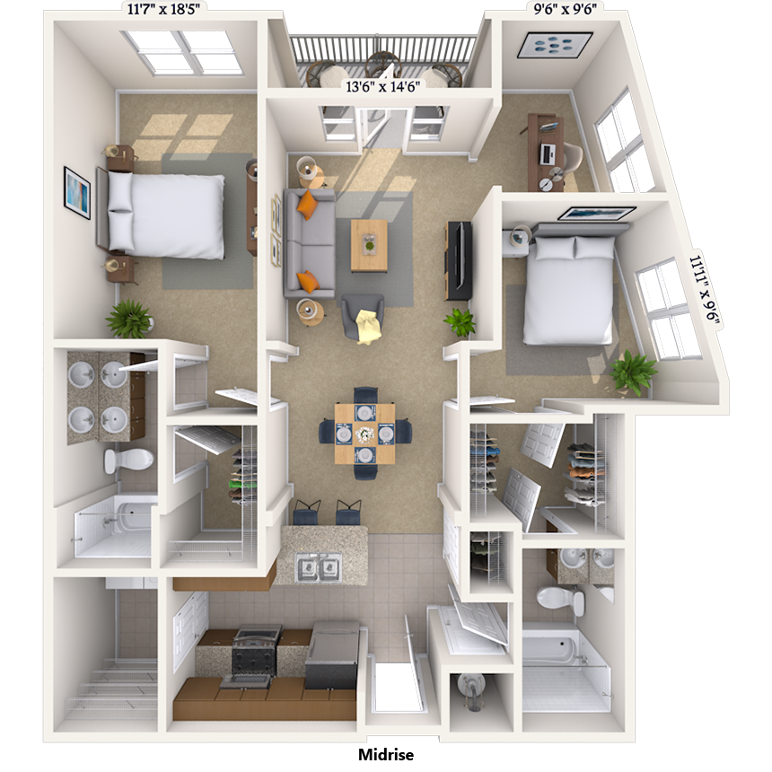 Traditional 2x2 1368-1486 SF floor plan