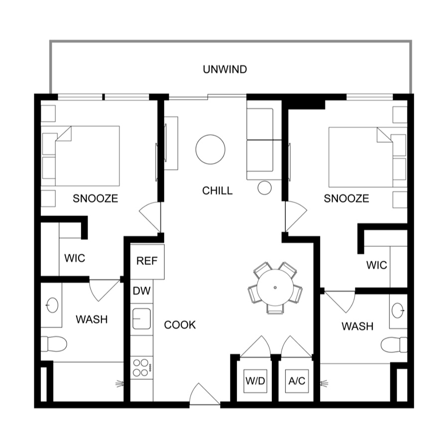 #1111 - 2 bedroom floorplan layout with 2 bathrooms and 824 square feet
