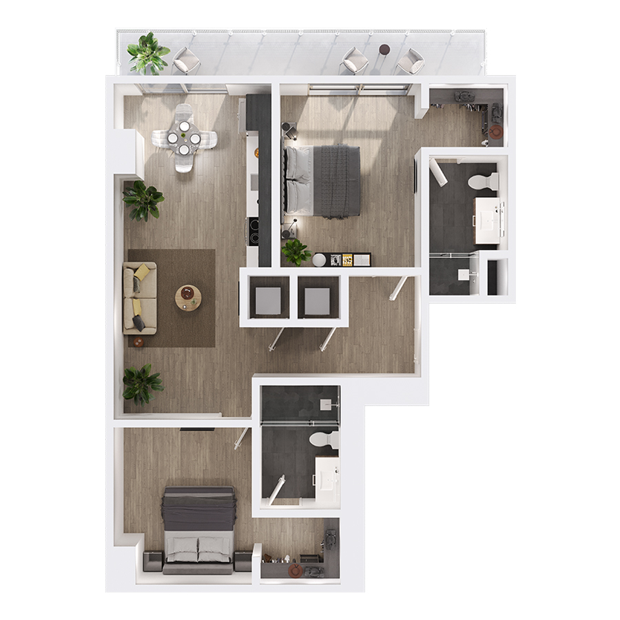#1702 - 2 bedroom floorplan layout with 2 bathrooms and 875 square feet