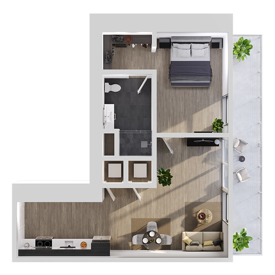 #1103 - 1 bedroom floorplan layout with 1 bathroom and 516 square feet
