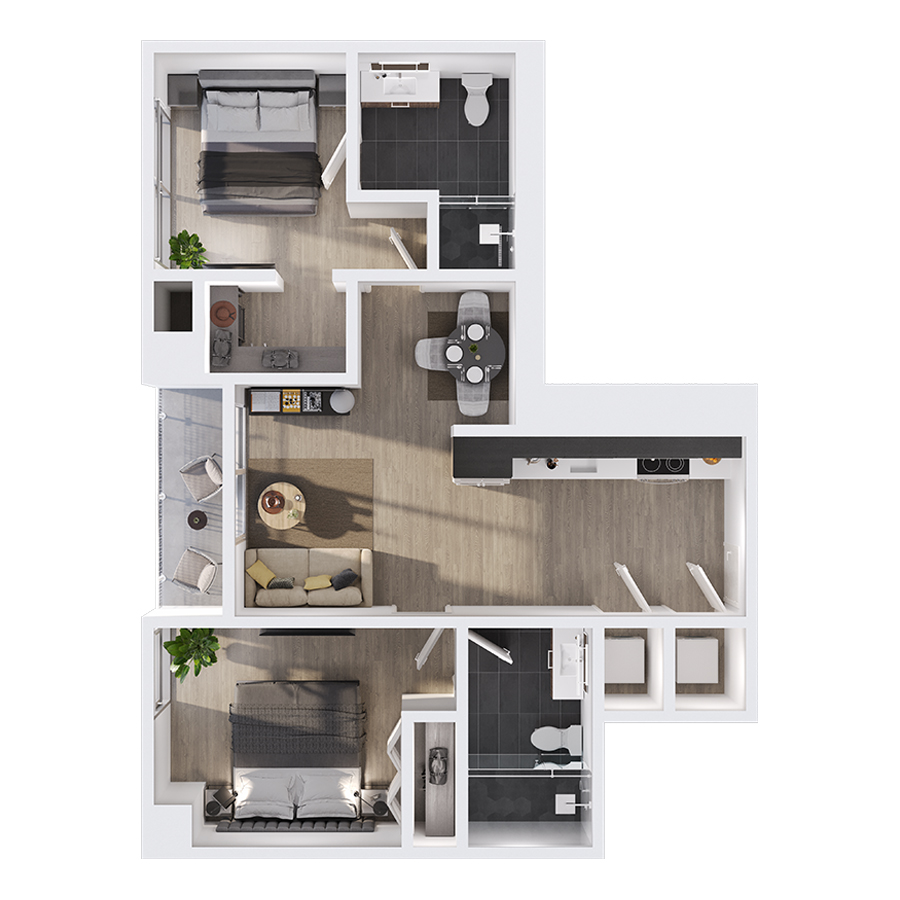 #2321 - 2 bedroom floorplan layout with 2 bathrooms and 755 square feet